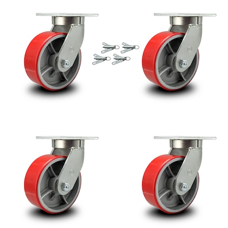 Service Caster 8 Inch Heavy Duty Red Poly on Cast Iron Caster Set with Swivel Locks, 4PK SCC-KP92S830-PUR-RS-BSL-4